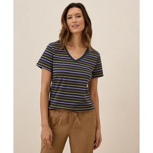 ✨NWT✨ PACT Women's Softspun V-Neck Tee in La Jolla Stripe Navy Blue Sz M
